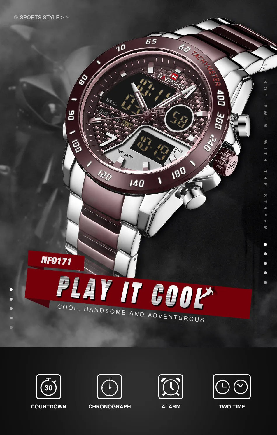 NAVIFORCE Men's Fashion Sports Watch Quartz Dual Display Luminous Waterproof Steel Band Clocks Male Outdoor Wristwatch Gifts Box