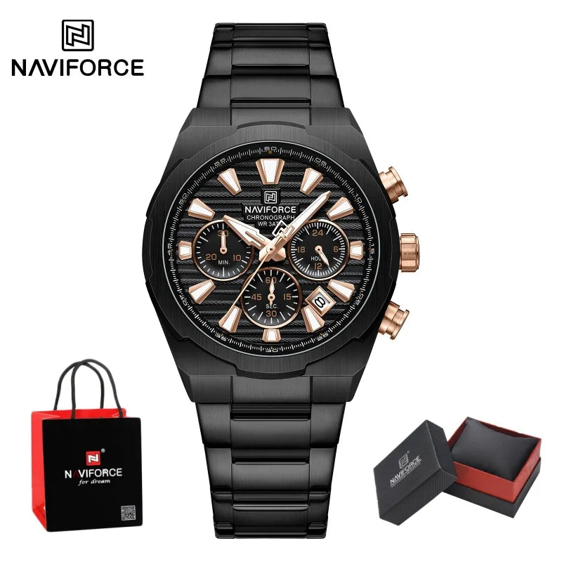 NAVIFORCE Man's Watch Mutifunction Chronograph Quartz Calendar Display Luminous New Men Clock Military Style Wristwatch Gift Box