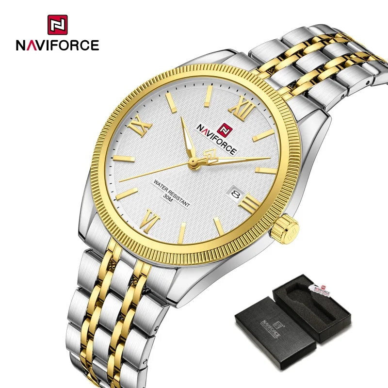 NAVIFORCE Man Wristwatch Quartz Calendar 30M Waterproof Date Display Steel Band Casual Male Business Watch Gift for Father's Day