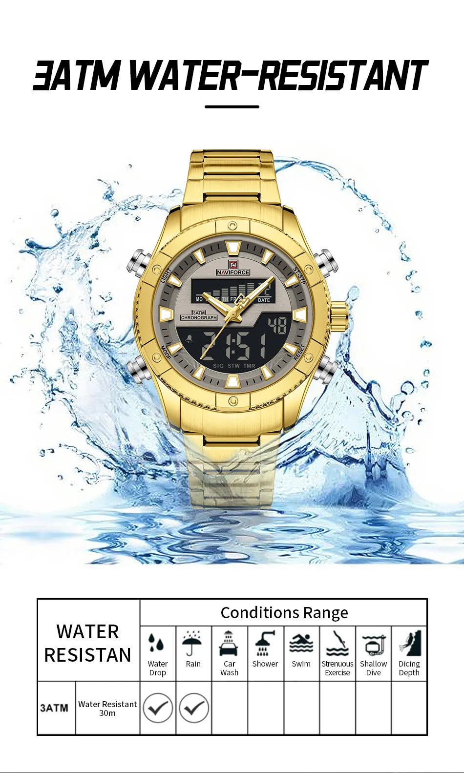NAVIFORCE Brand Men's Watches Luxury Fashion Stainless Steel Quartz Chronograph Alarm Wristwatch for Male Water Resistant Sport
