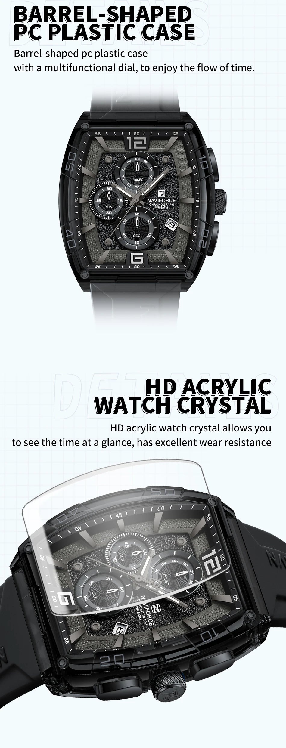 NAVIFORCE Men's Quartz Sports Casual Watch Silicone Strap Wristwatches Chronograph Waterproof Luminous Hands Man Auto Date Clock