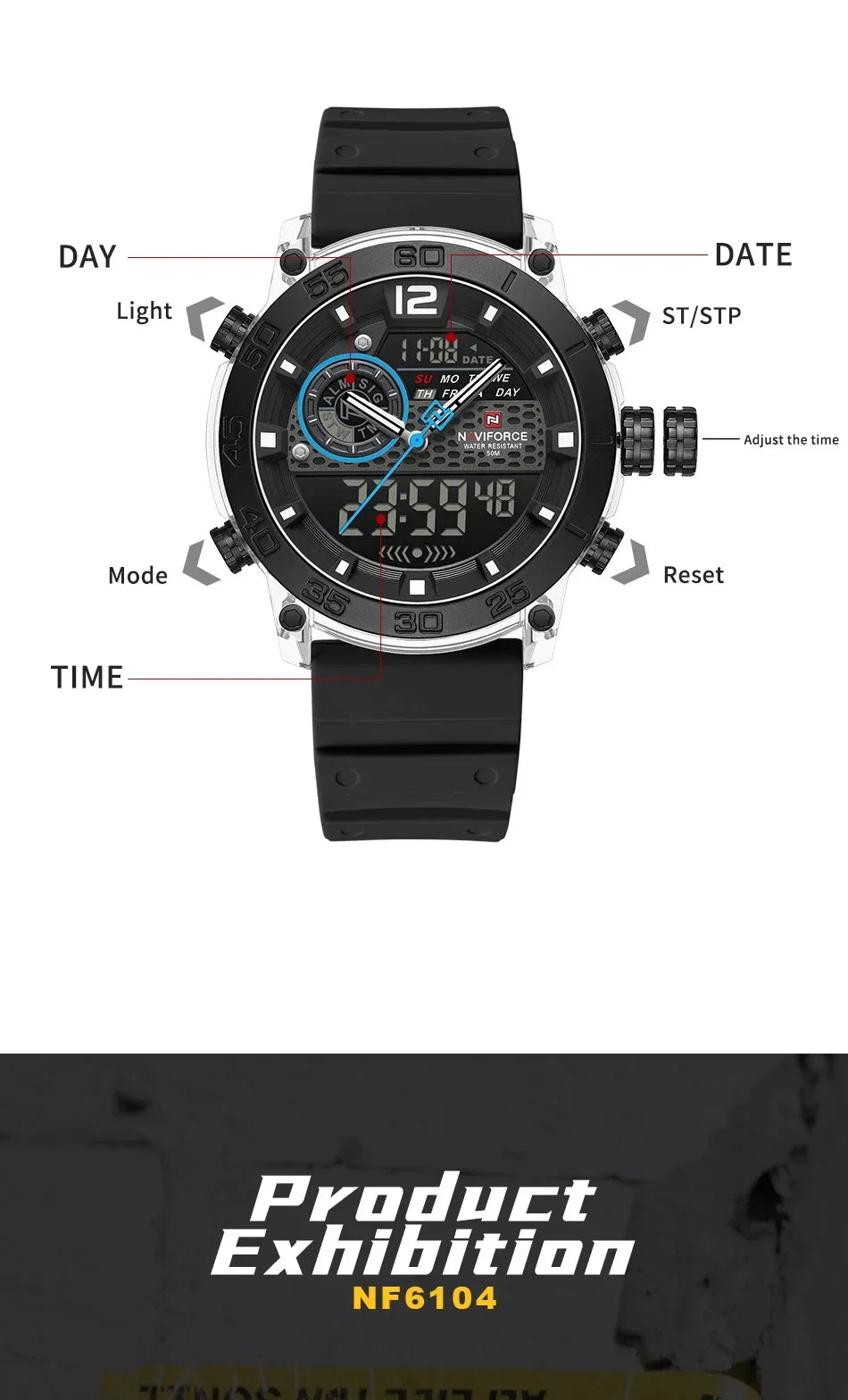 NAVIFORCE High Quality Watches For Men Military Dual Display Sport Waterproof Quartz Digital Wristwatch Auto Dayand Date Clock