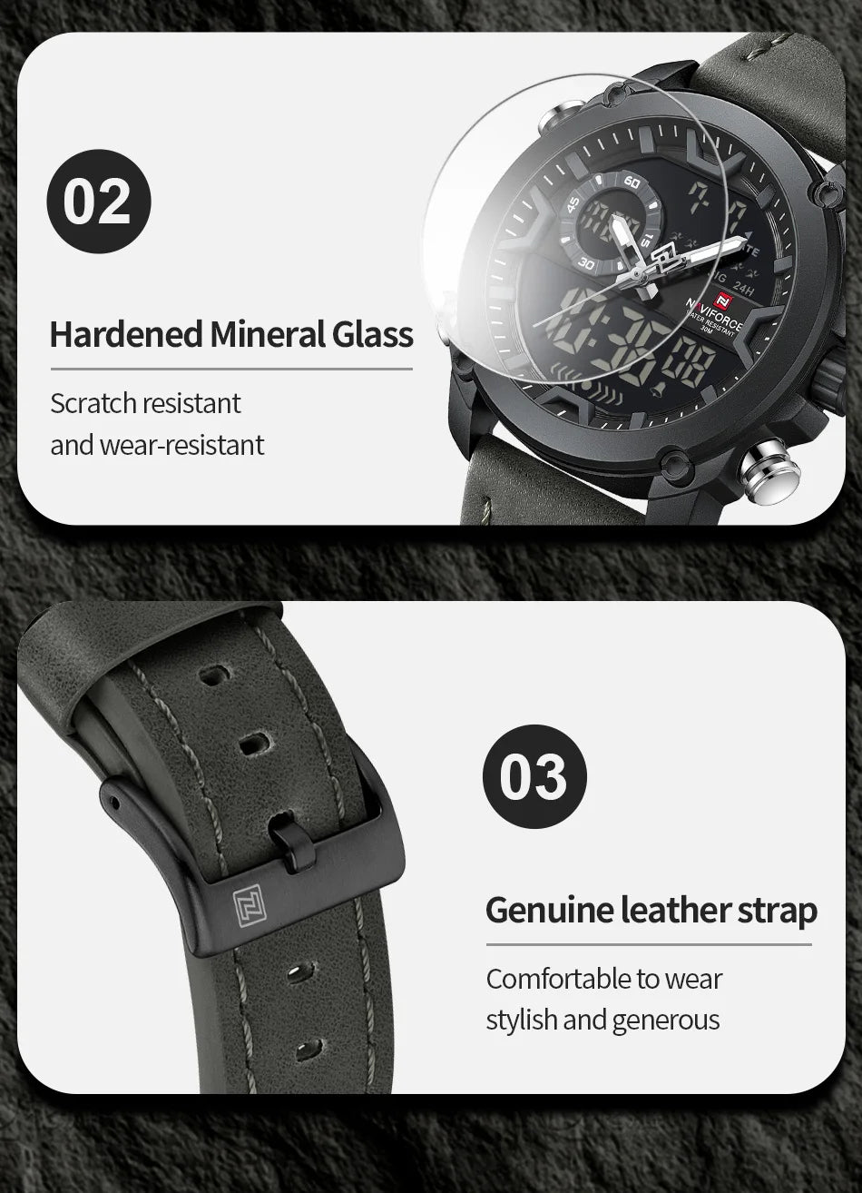 NAVIFORCE Men Watch Business Casual Fashion Dual Display Sport Genuine Strap Alarm Mode Quartz Wristwatch Man Waterproof Watch