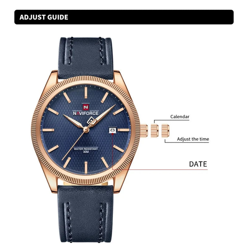 NAVIFORCE Men's Watches Fashion Genuine Leather Strap 30M Waterproof Male Quartz Wristwatches Luminous Point Date Display Clock