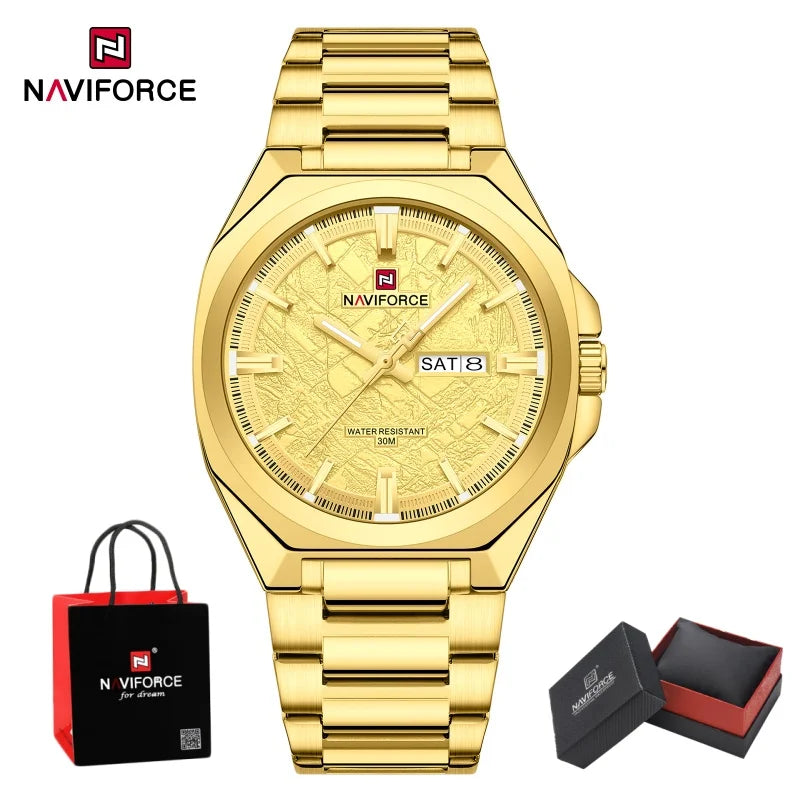 NAVIFORCE Male Quartz Stylish Wristwatch Date Week Display Waterproof Luminous Steel Band Man's Clock Luxury Wristwatch Gift Box