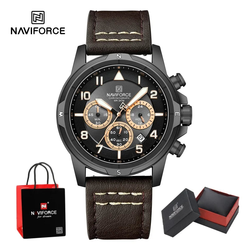 NAVIFORCE Classic Men Quartz Chronograph Watch 3ATM Waterproof Date Display Leather Strap Business Wristwatch Gift Box for Male
