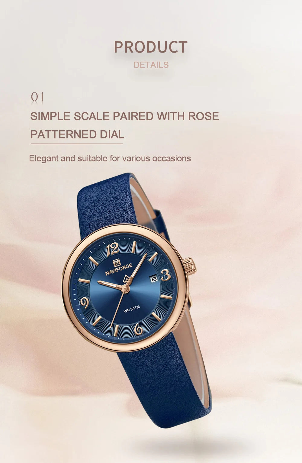 NAVIFORCE New Women Daily Quartz Watch Lightweight Floral Dial 3ATM Waterproof PU Strap Elegant Lady Wristwatch Relogio Feminino
