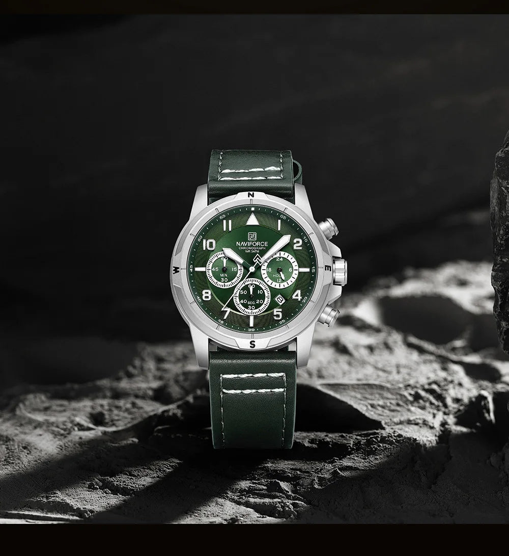 NAVIFORCE Classic Men Quartz Chronograph Watch 3ATM Waterproof Date Display Leather Strap Business Wristwatch Gift Box for Male