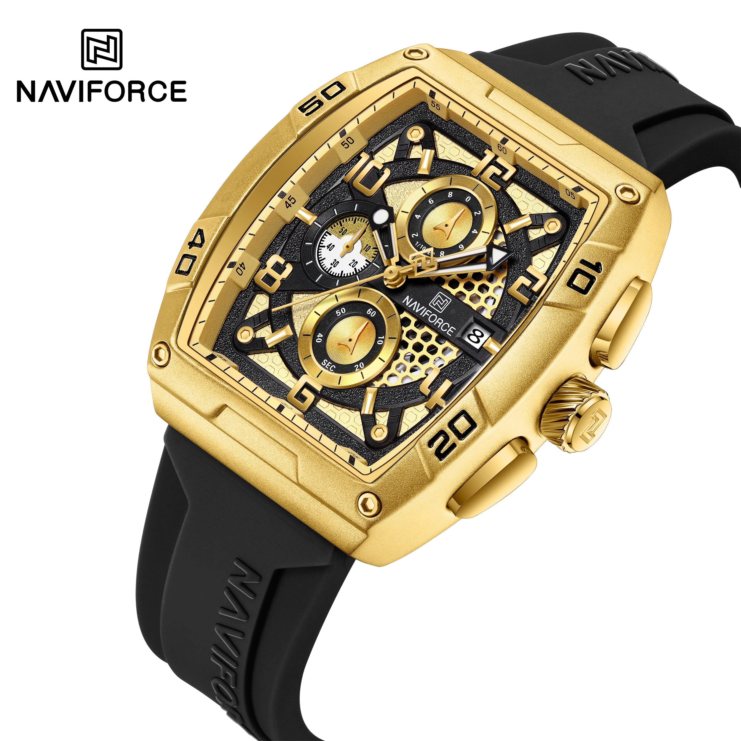 NAVIFORCE Fashion Men’s  Large Dia Multi-function PU Waterproof Clock Gold Design Quartz Watches Casual Male Wrist Watch Gifts
