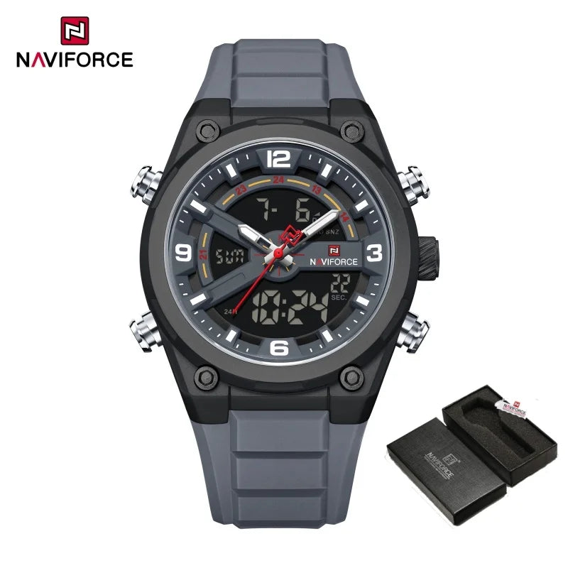 NAVIFORCE Man Watch Fashion Casual Sports Dual display Silicone Strap Waterproof Alarm Chronograph Day and Date Watches for Men