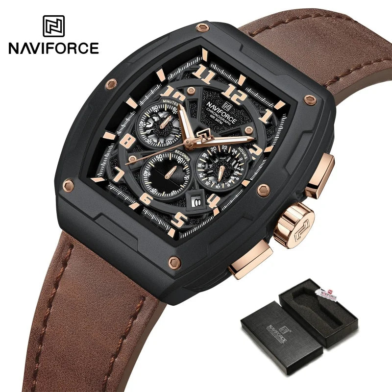 NAVIFORCE Wristwatch for Man Quartz Chronograph 3ATM Waterproof Male Business Clock Trendy Leather Strap Gifts for Father's Day