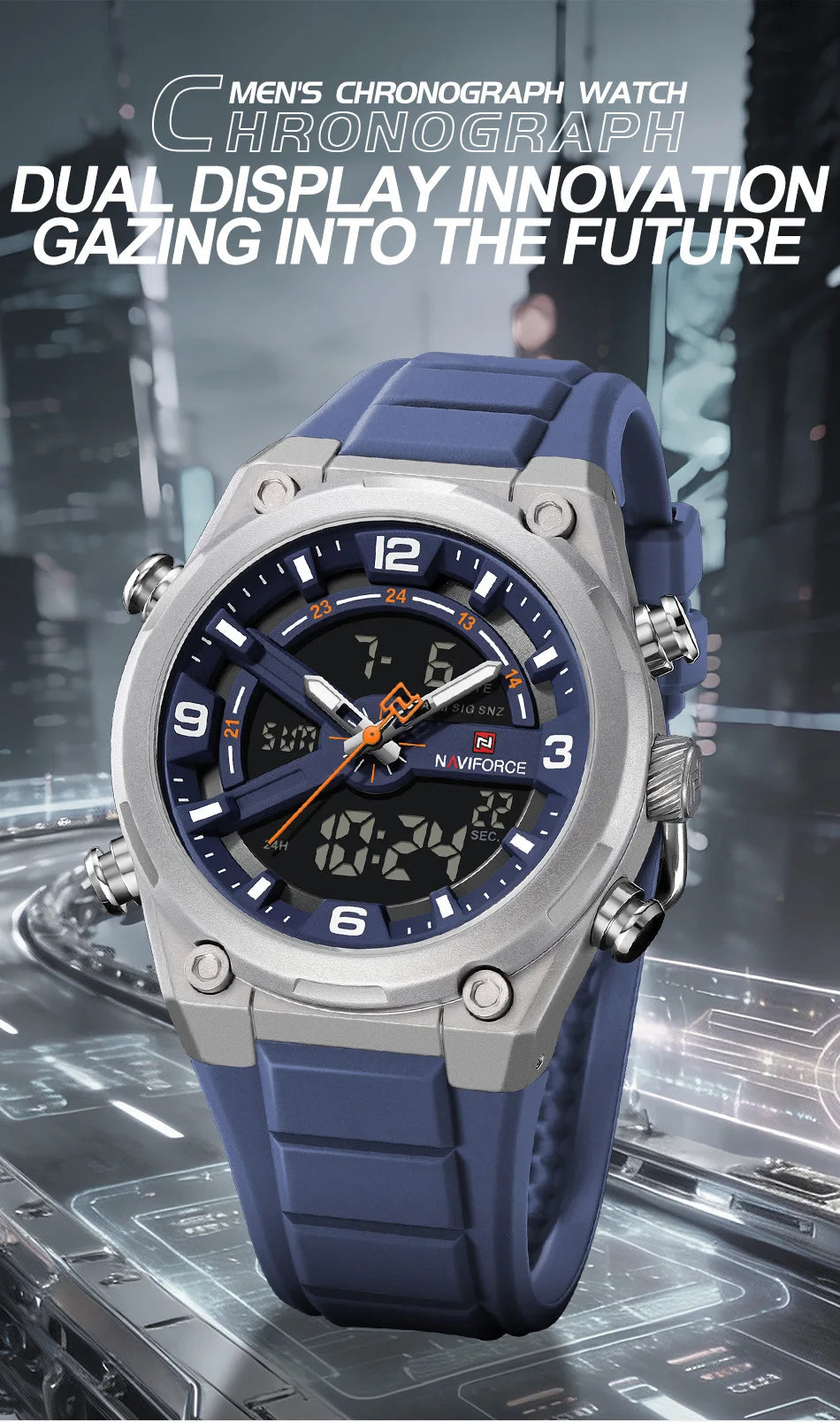 NAVIFORCE Man Watch Fashion Casual Sports Dual display Silicone Strap Waterproof Alarm Chronograph Day and Date Watches for Men