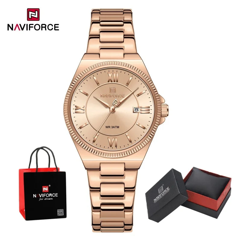 NAVIFORCE Women's Quartz Watch 3ATM Waterproof Date Display Stainless Steel Fashion for Daily Dress Lady Wristwatch Gifts Box