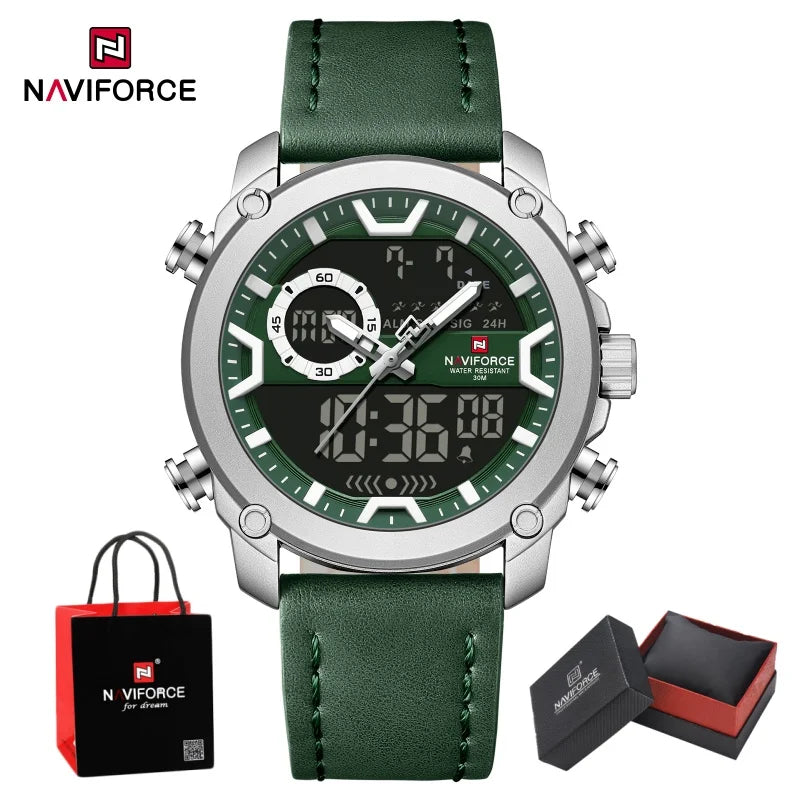 NAVIFORCE Man's Watch Quartz Dual Display Waterproof Leather Strap Alarm Male Simple Fashion Business Casual Wristwatch Gift Box