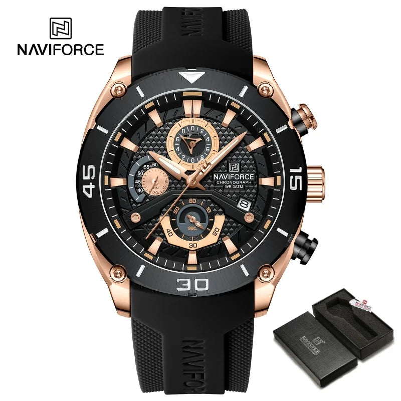 NAVIFORCE Man's Watch Quartz Chronograph 30M Waterproof Luminous Date Display Silicone Strap Trends Sports Wristwatch for Men