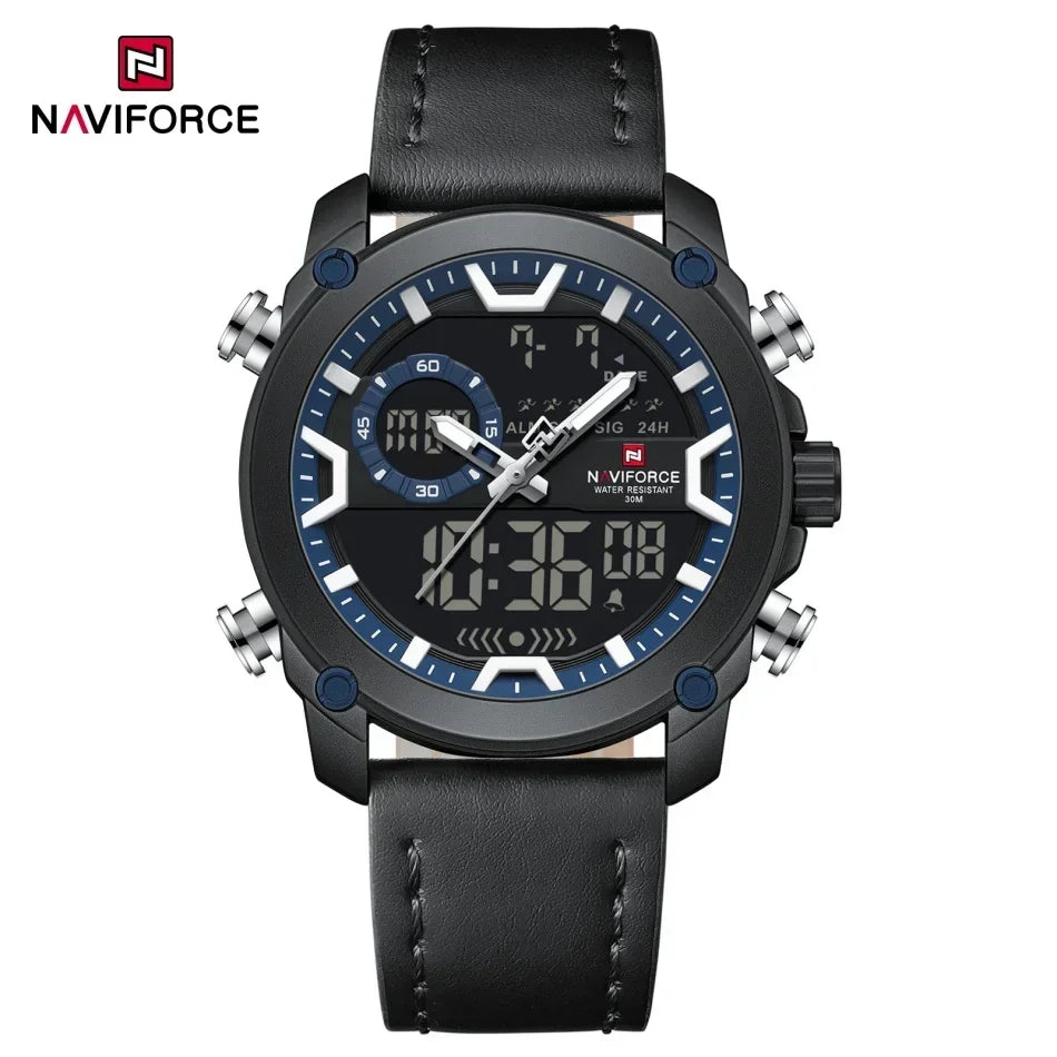 NAVIFORCE Men Watch Business Casual Fashion Dual Display Sport Genuine Strap Alarm Mode Quartz Wristwatch Man Waterproof Watch
