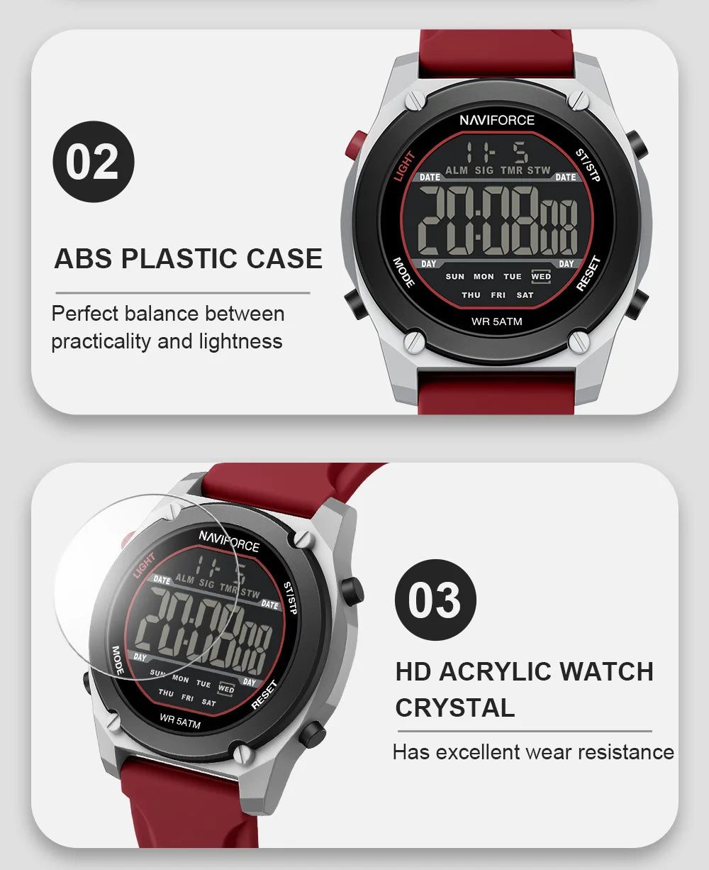 NAVIFORCE Men's LCD Digital Watch 50M Water Resistant Electronic Calendar Fashion Silicone Band Alarm Clock Wristwatch Gifts Box