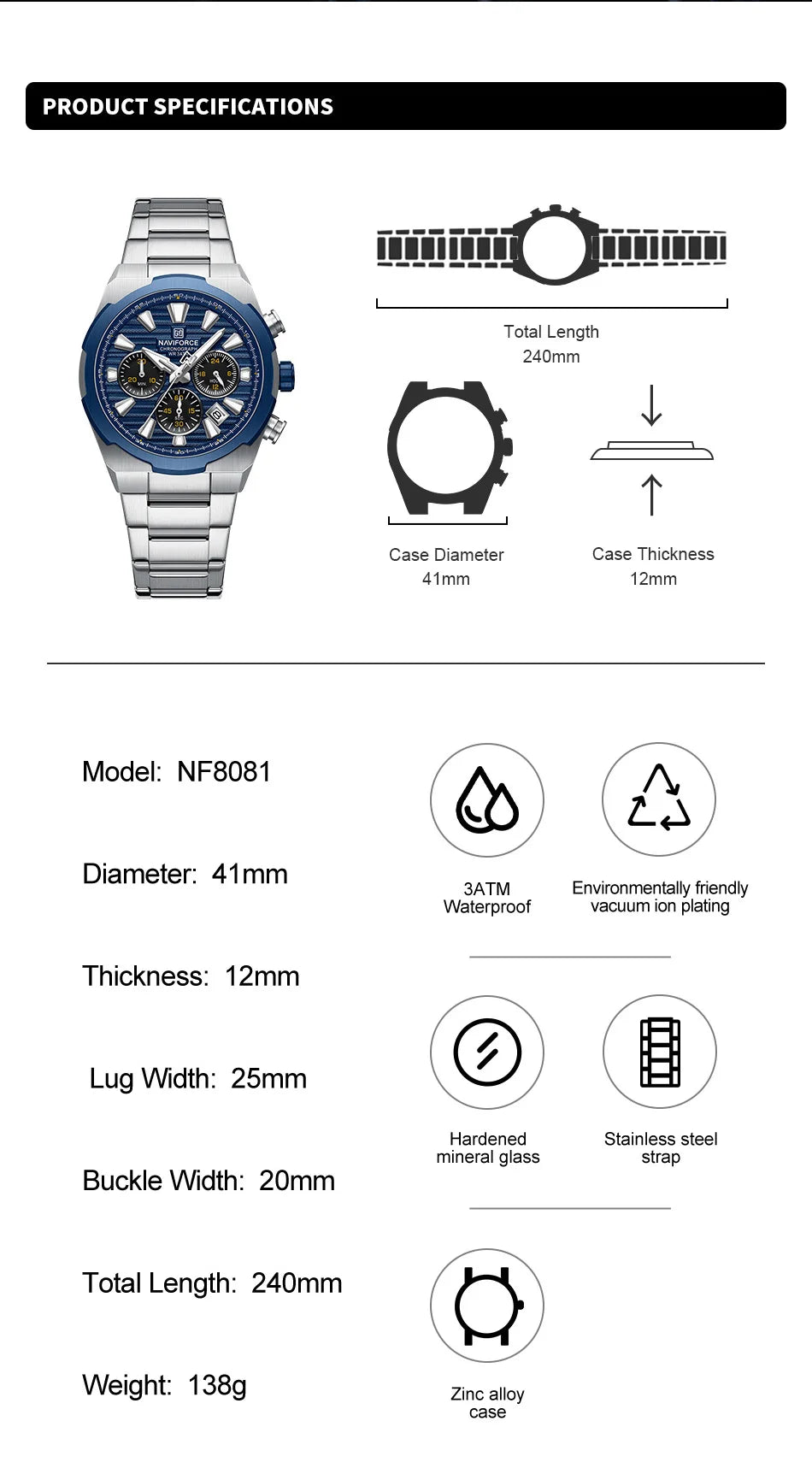 NAVIFORCE Watch For Men Mutifunction Chronograph Quartz Wristwatches Calendar display Military 24 Hours Luminous New Men Clock