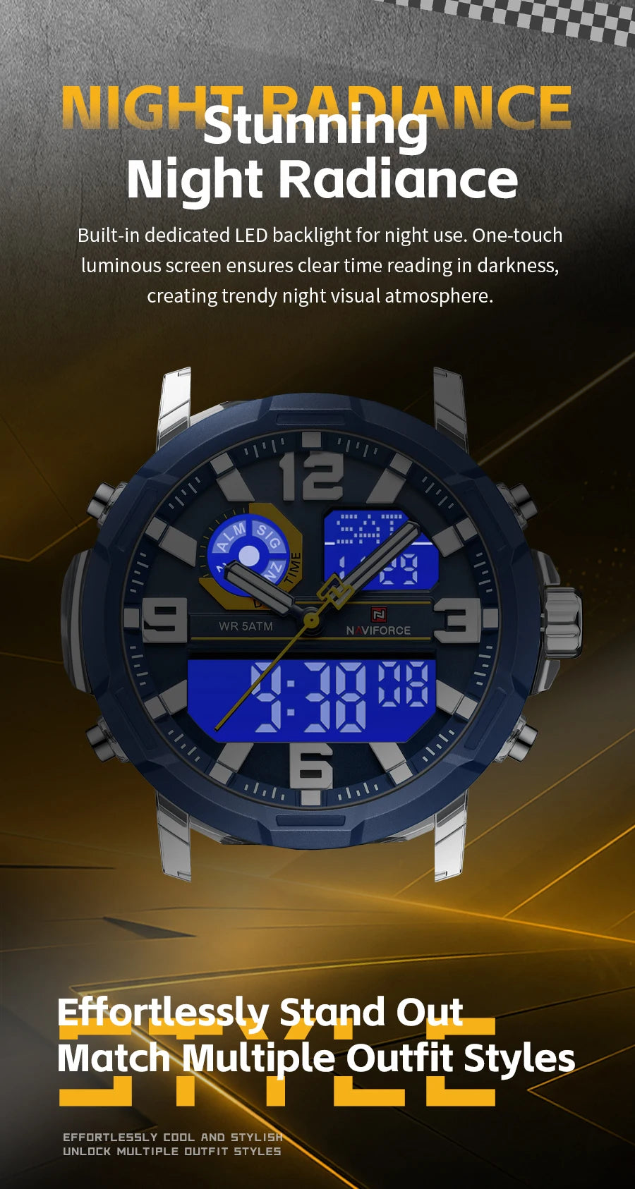 NAVIFORCE Quartz Dual Display Wristwatch for Men 50M Waterproof Silicone Band Multifuntion Clock Male Fashion Daily Sports Watch