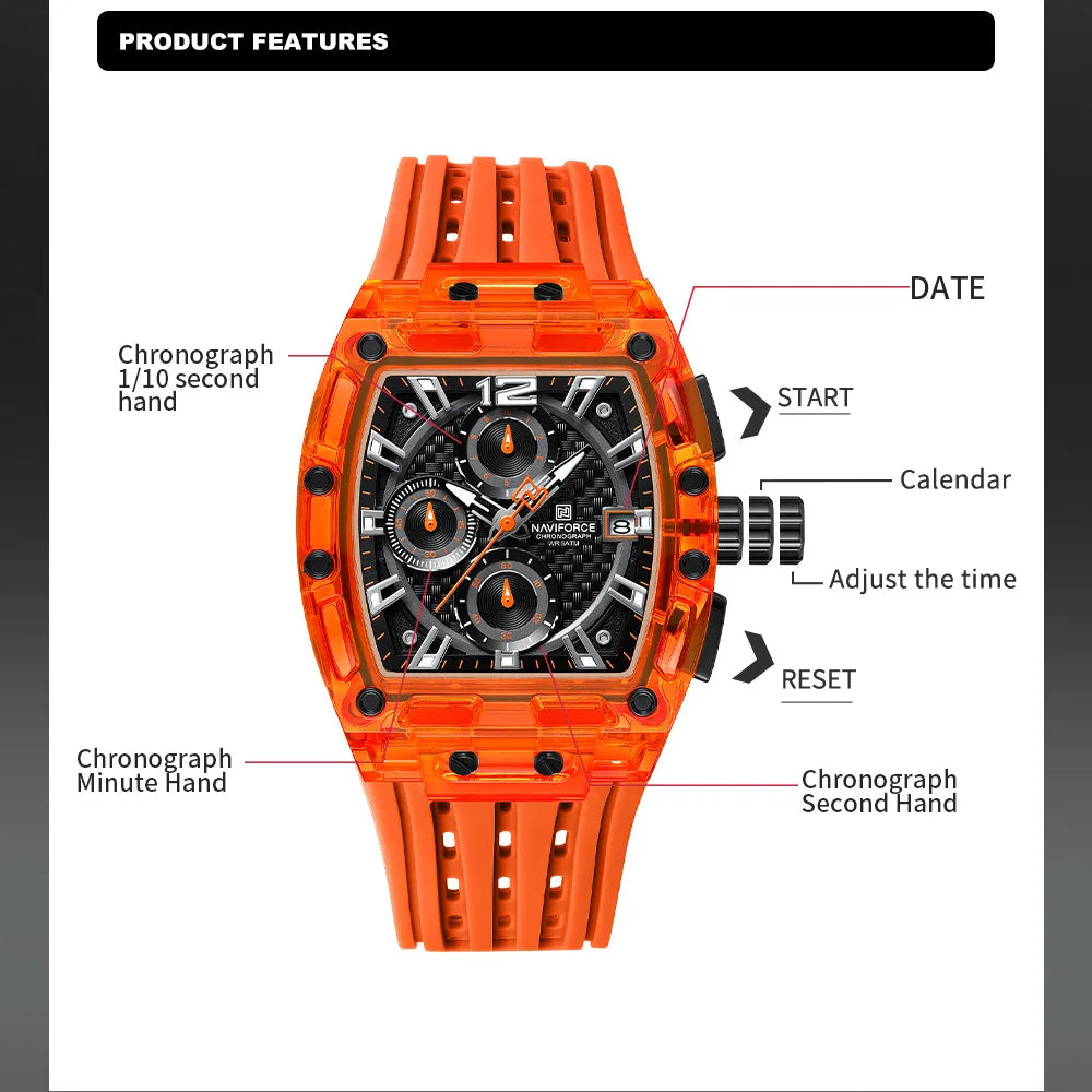 NAVIFORCE Men's Quartz Watch Multifunctional Colorful Chronograph Top Brand Silicone Strap 5ATM Waterproof Tonneau Wristwatches
