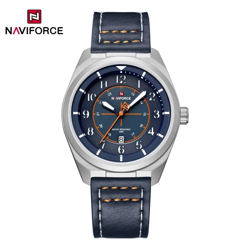 NAVIFORCE Simple Men Quartz Calendar Watch 3ATM Waterproof Genuine Leather Strap Business Casual Fashion Mature Style Wristwatch