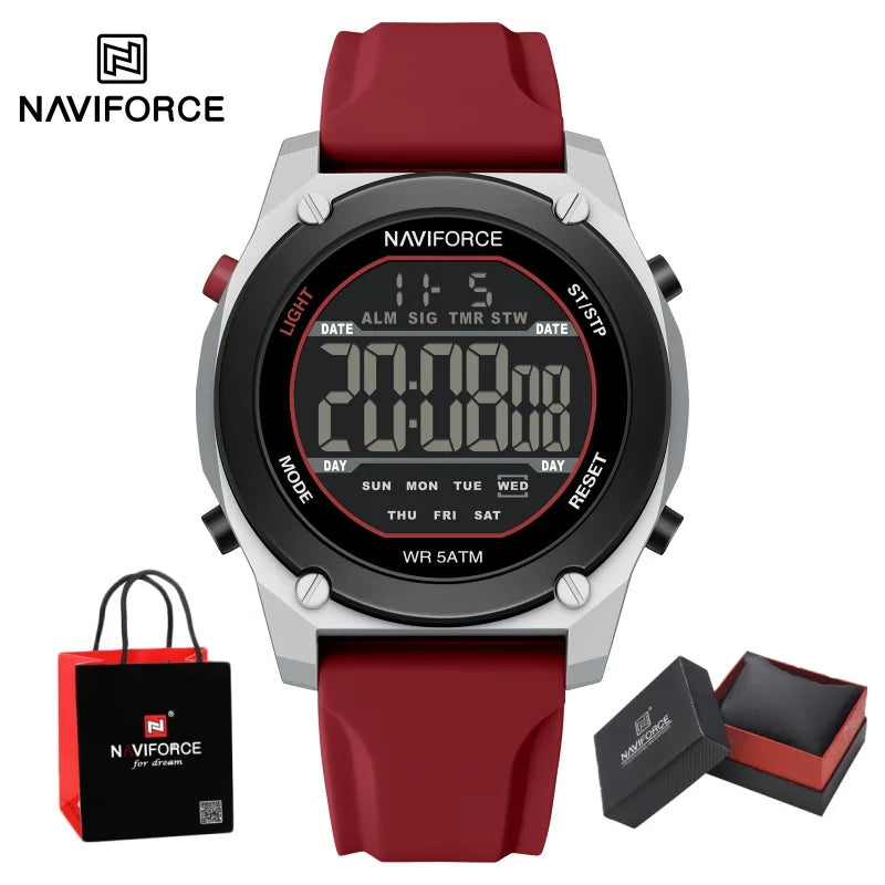 NAVIFORCE Men's LCD Digital Watch 50M Water Resistant Electronic Calendar Fashion Silicone Band Alarm Clock Wristwatch Gifts Box