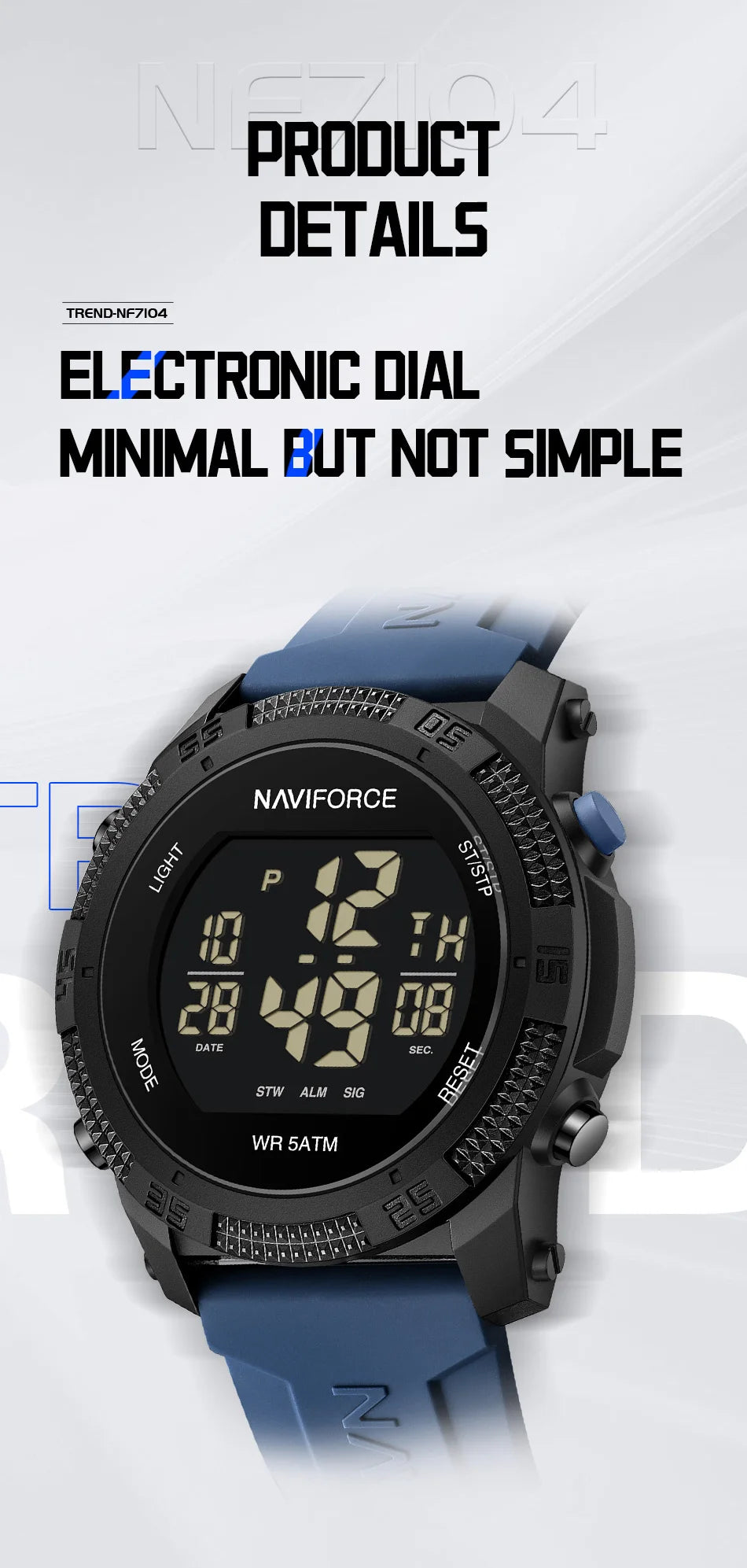 NAVIFORCE Men's Electronic Watch Fashion 5ATM Waterproof Silicone Strap Calendar Male LCD Digital Wristwatch Relogio Masculino