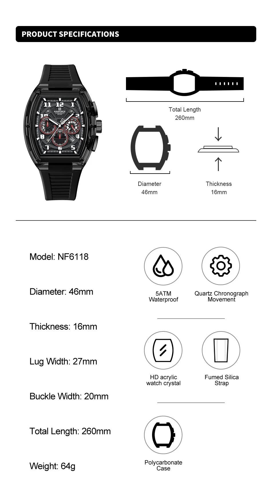 NAVIFORCE Men Fashion Watches Quartz Multifunction Chronograph 50M Waterproof Clock Silicone Strap Male Outdoor Sport Wristwatch