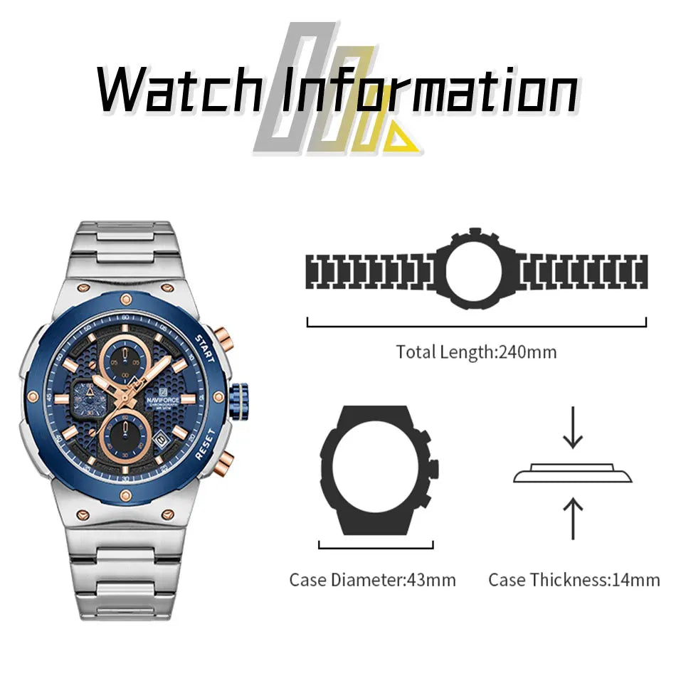 NAVIFORCE Luxury Brand Business Casual Watch Sports Multifunctional Chronograph Watches Mens Quartz Stainless Steel Wristwatches