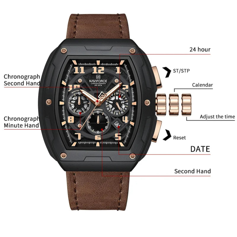 NAVIFORCE Wristwatch for Man Quartz Chronograph 3ATM Waterproof Male Business Clock Trendy Leather Strap Gifts for Father's Day