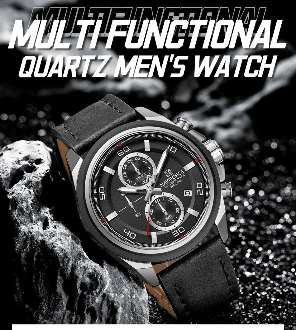 NAVIFORCE Men's Watch Quartz Chronograph Genuine Leather Strap Waterproof Luminous Hand Male Fashion Design Wristwatch Gifts Box