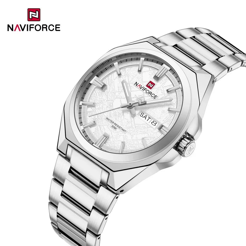 NAVIFORCE Men's Watch Quartz Calendar Week Display Waterproof Luminous Steel Band Male Trendy Outdoor Business Wristwatch NF9273