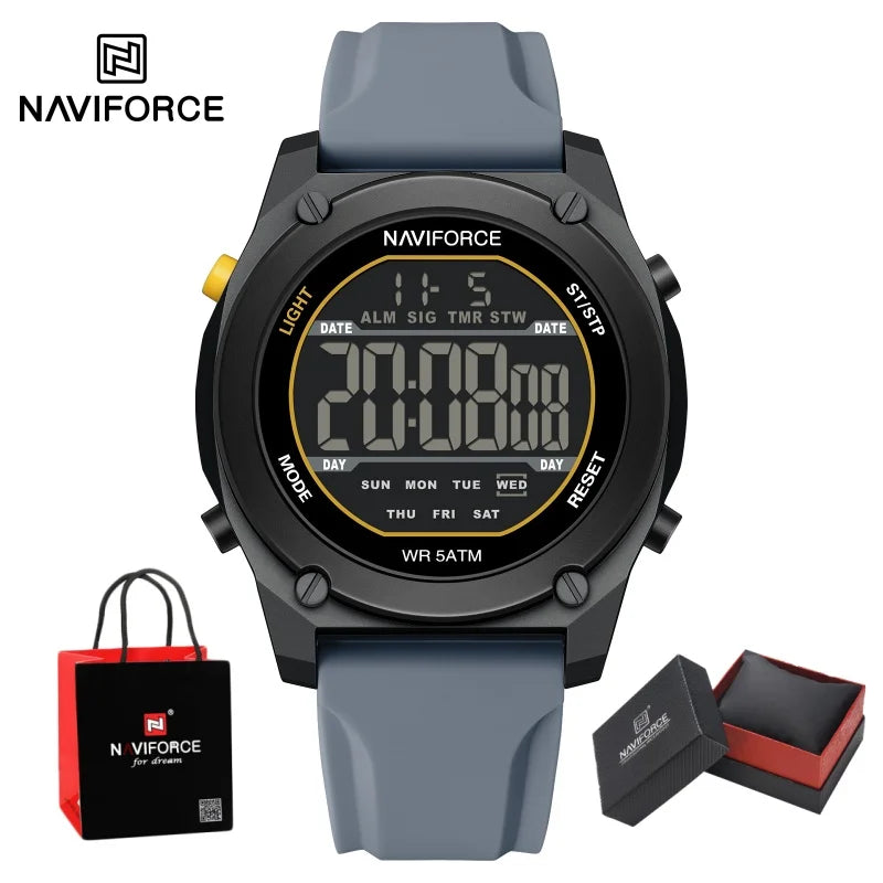NAVIFORCE Men's LCD Digital Watch 50M Water Resistant Electronic Calendar Fashion Silicone Band Alarm Clock Wristwatch Gifts Box