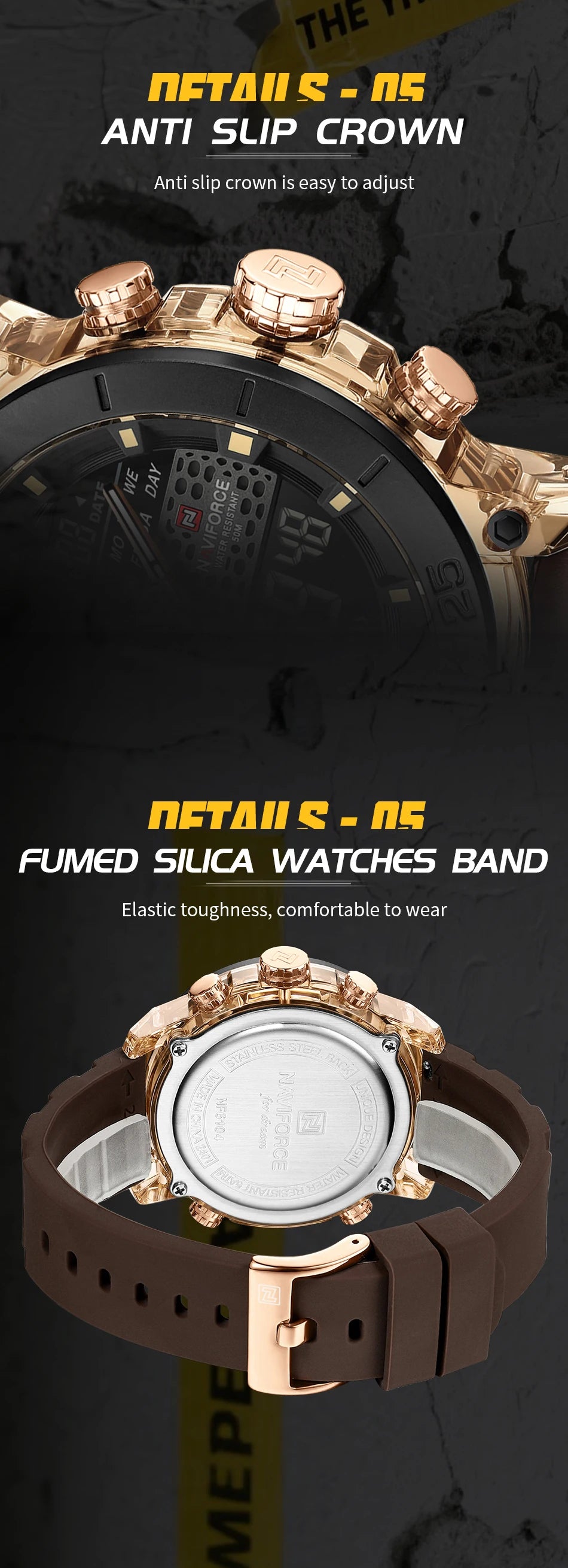 Men Watch NAVIFORCE Fashion Casual Quartz Luminous Watches  Waterproof  Wristwatch Silicone Band Day and Date Display Clock 6104