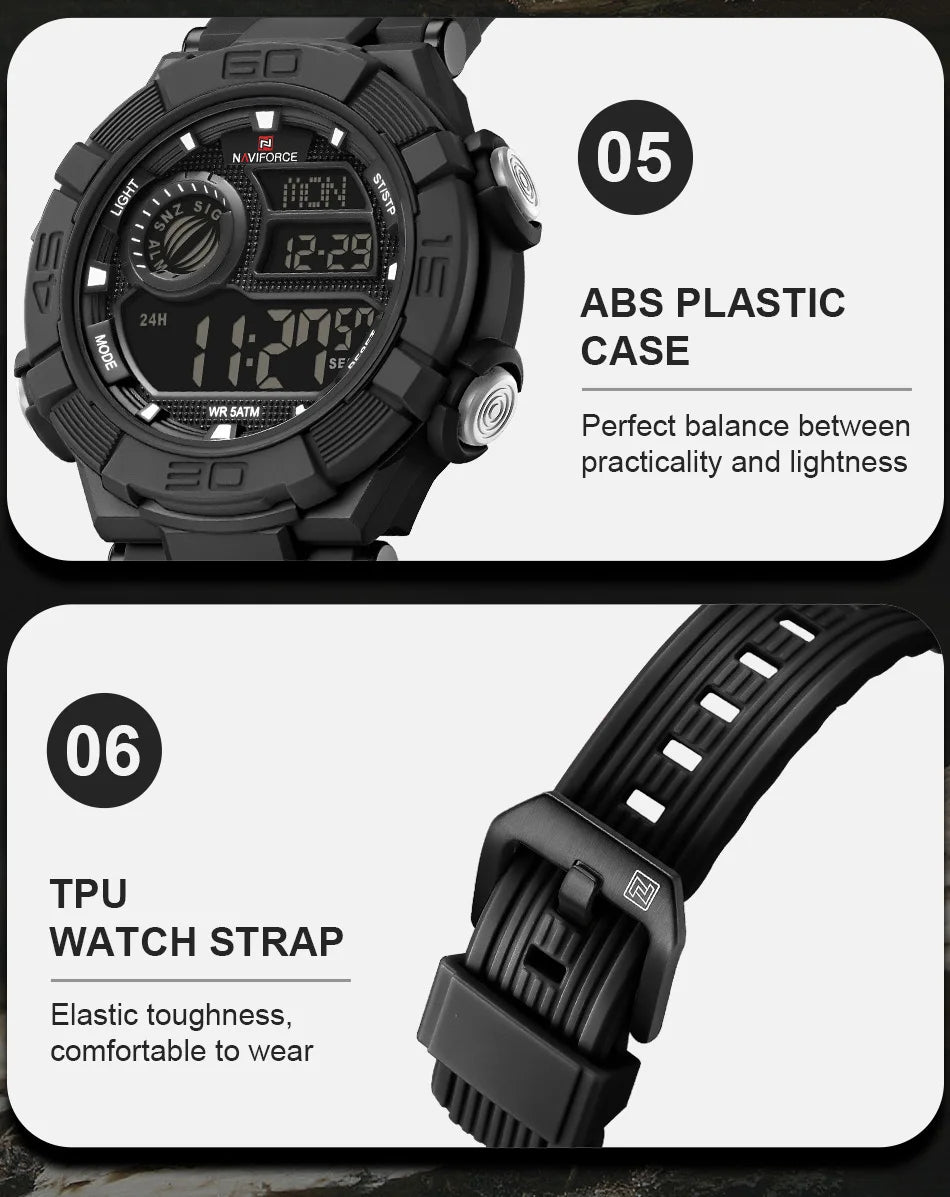 NAVIFORCE Man's Watch LCD Digital NF7131 Original Design Luminous Big Dial TPU Strap Outdoor Wristwatch Gift Box for Students