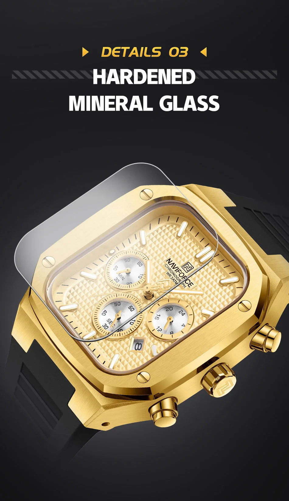 NAVIFORCE Men's Luxury Gold Watch Fashion Silicone Strap Quartz Movement Waterproof Square Wristwatch with Luminous Hands And Da