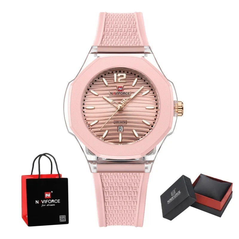 NAVIFORCE Woman's Watch Quartz Waterproof Silicone Band Date Display Wristwatch Luxury Trendy Ladies Dress Wristwatch Gifts Box