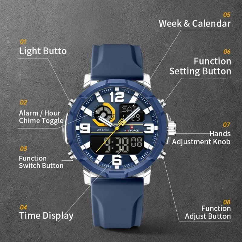 NAVIFORCE Men Dual Display Watch Alarm Clock 50M Waterproof Chronograph Stylish Novel Teenager Outdoor Sport Wristwatch Gift Box