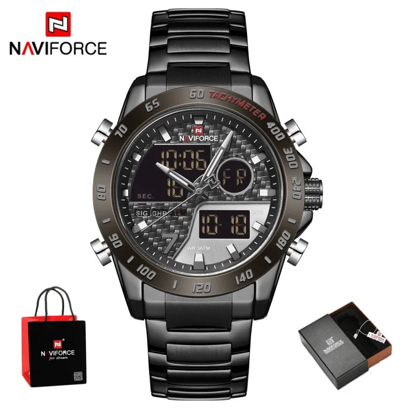 NAVIFORCE Male Quartz Dual Display Clocks Waterproof Luminous Stainless Steel Strap Watches Men Mature Style Wristwatch Gift Box