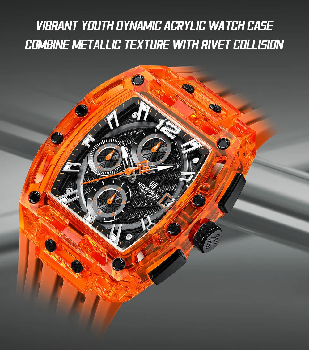 NAVIFORCE Men's Quartz Watch Multifunctional Colorful Chronograph Top Brand Silicone Strap 5ATM Waterproof Tonneau Wristwatches