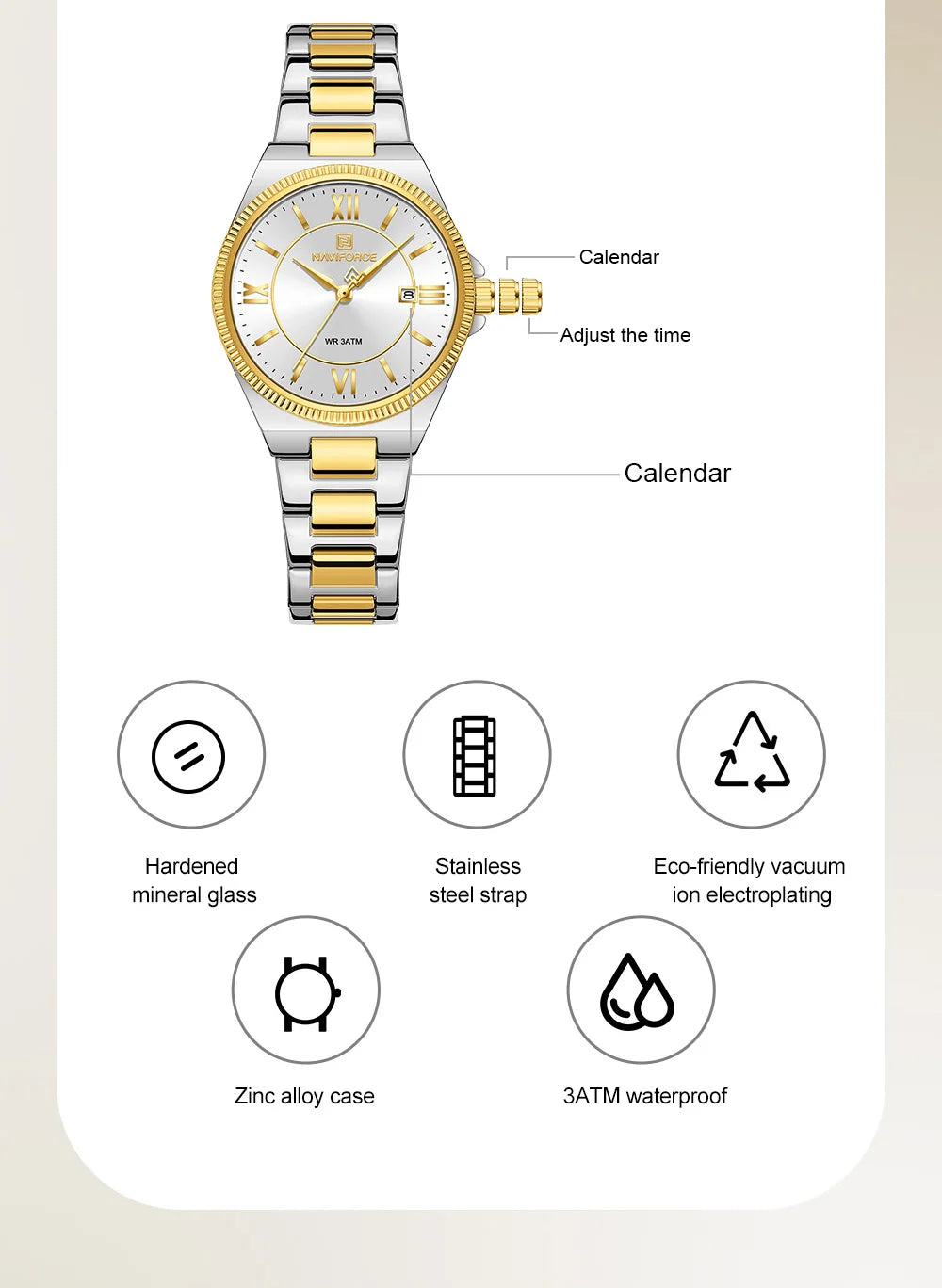 NAVIFORCE Women's Quartz Watch 3ATM Waterproof Date Display Stainless Steel Fashion for Daily Dress Lady Wristwatch Gifts Box