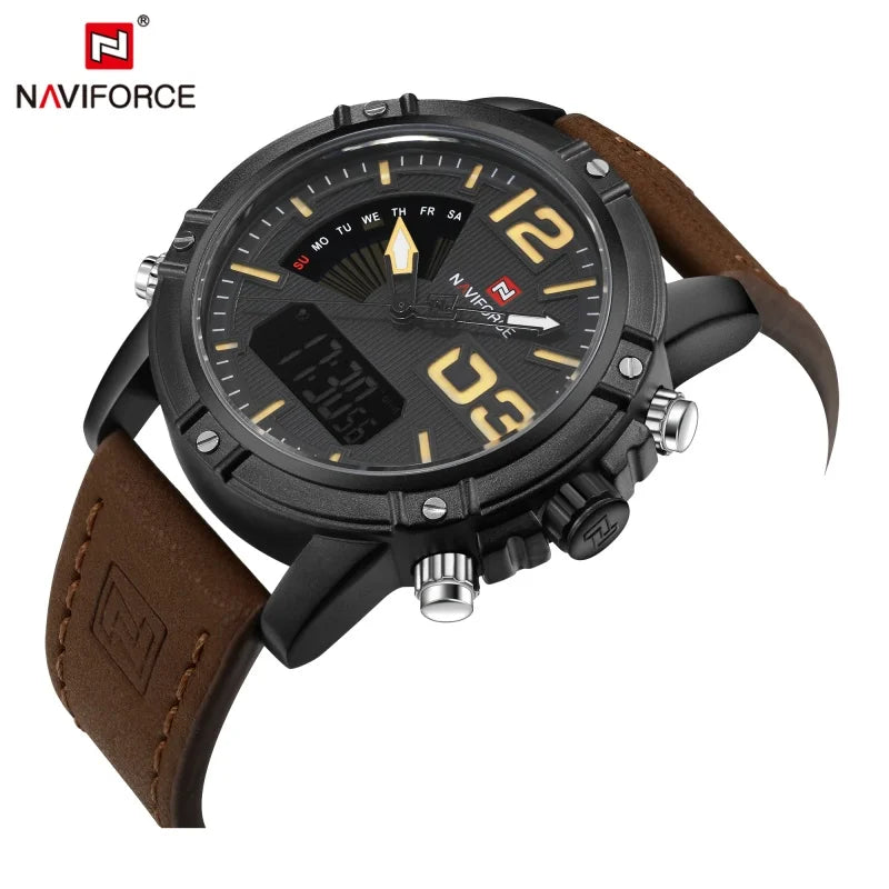 NAVIFORCE Luxury Brand Men's Sport Watches Men Dual Display LED Digital Waterproof Leather Strap Quartz Military Watch Man Clock
