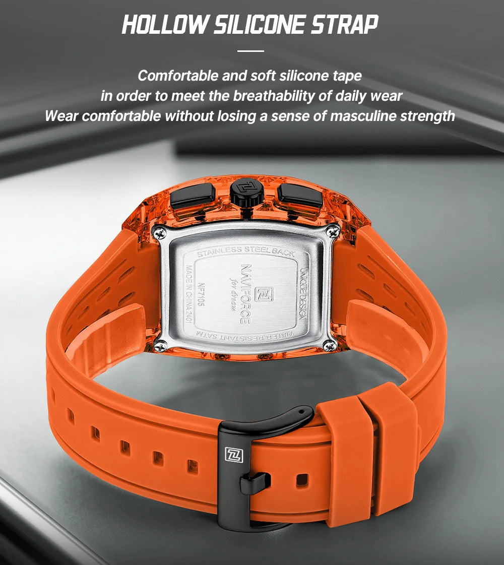 NAVIFORCE Men's Quartz Watch Multifunctional Colorful Chronograph Top Brand Silicone Strap 5ATM Waterproof Tonneau Wristwatches