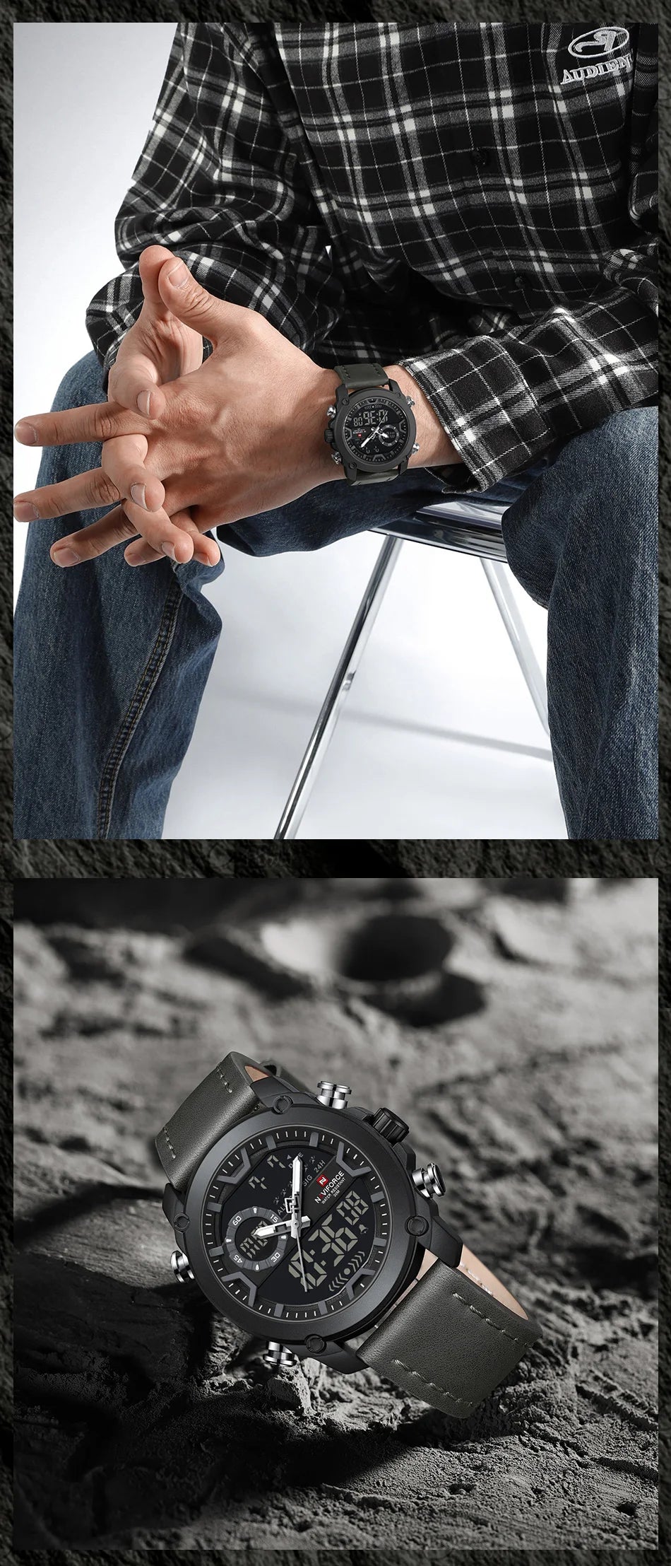 NAVIFORCE Men Watch Business Casual Fashion Dual Display Sport Genuine Strap Alarm Mode Quartz Wristwatch Man Waterproof Watch