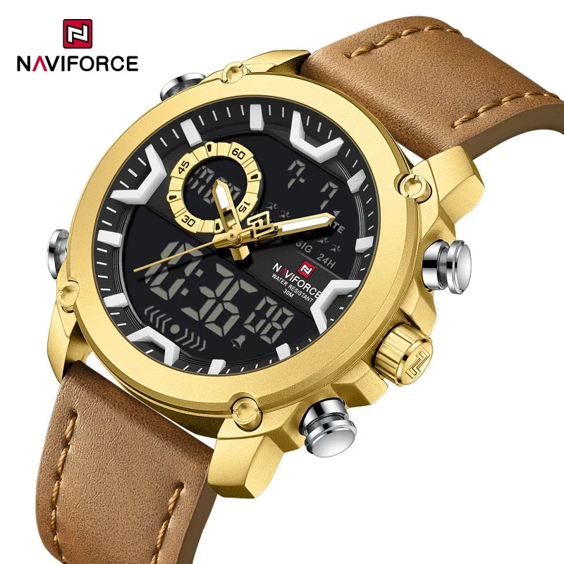 NAVIFORCE Mens Watch Original Simple Brand Quartz Watch Japan Movement Genuine Band Luminous Dual Display Watches For Men Gifts