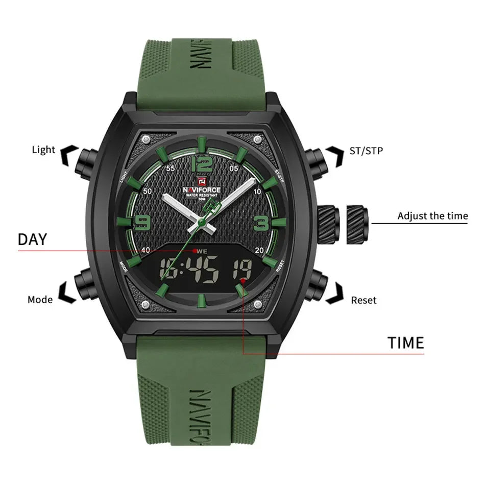 NAVIFORCE Sport Watch Waterproof Analog Dual Time Digital Wristwatches Week Display Clock Tonneau 2025 New Mens Military Watches