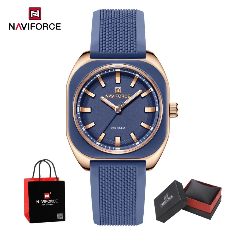NAVIFORCE Womens Square Quartz Watch 3ATM Waterproof Luminous Silicone Strap Casual Fashion Dress Elegant Wristwatch Gifts Box
