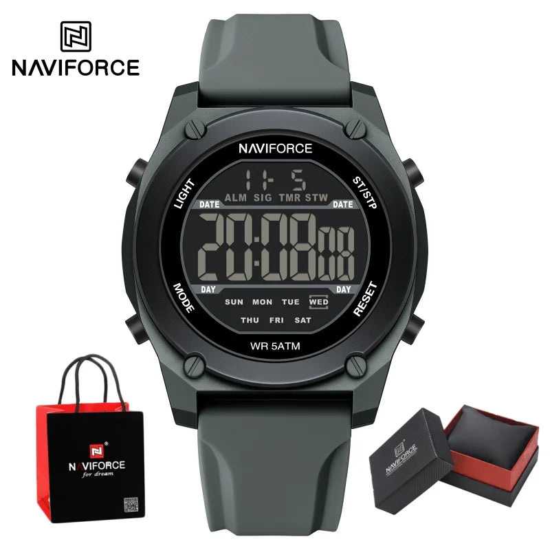 NAVIFORCE Men's LCD Digital Watch 50M Water Resistant Electronic Calendar Fashion Silicone Band Alarm Clock Wristwatch Gifts Box