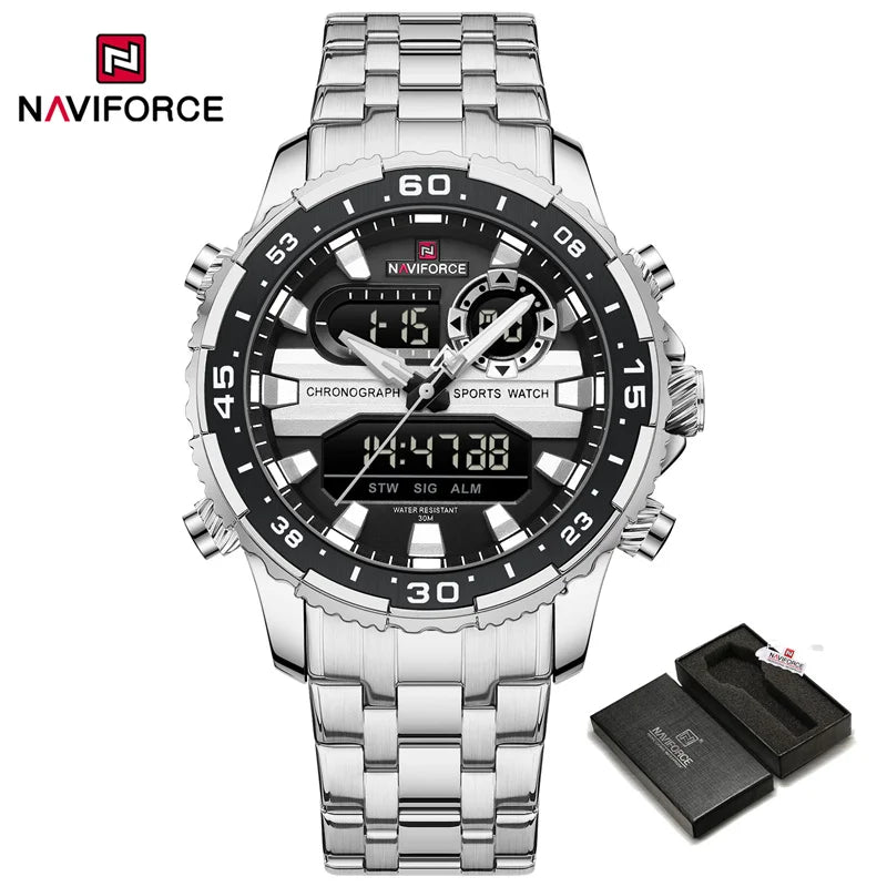NAVIFORCE Men's Sports Alarm Watch Waterproof Chronograph Quartz Movement Steel Band Digital Date Week Display Wristwatches Gift