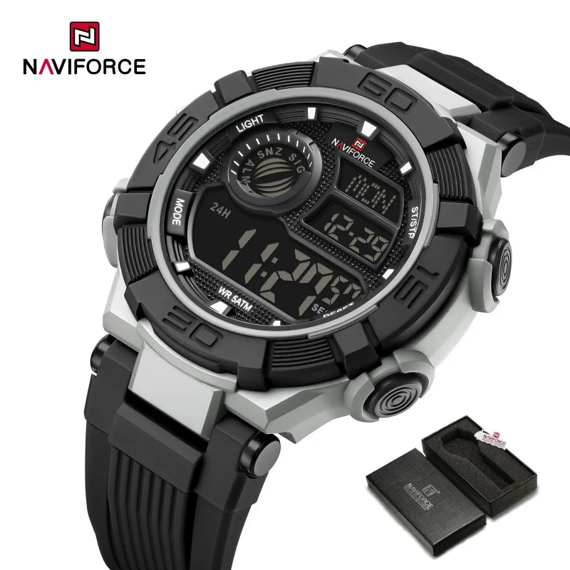 NAVIFORCE Men's Watch LCD Digital 50M Waterproof Multifunction Soft TPU Strap Military Style Teenager Sports Outdoor Wristwatch